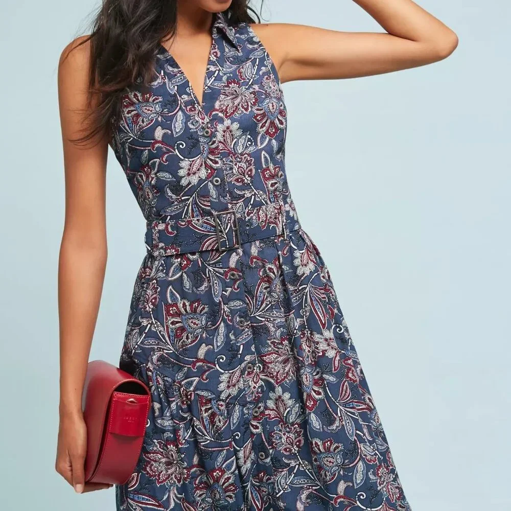 Anthropologie Maeve Calia Sleeveless Belted Shirtdress Blue White Size 0 - Picture 1 of 11